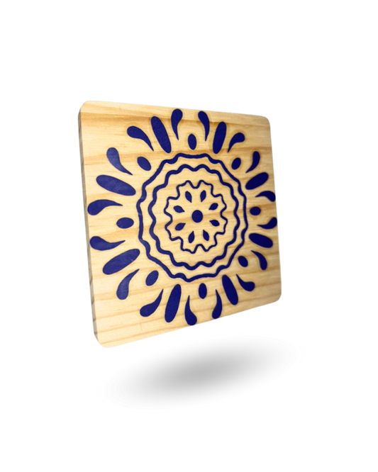 Blue Pottery Wooden Tea Coasters – Elegant & Durable with Non-Slip Base