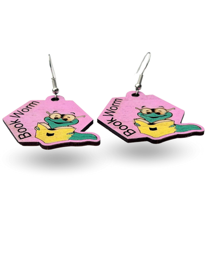 Book Worm Wooden Earrings