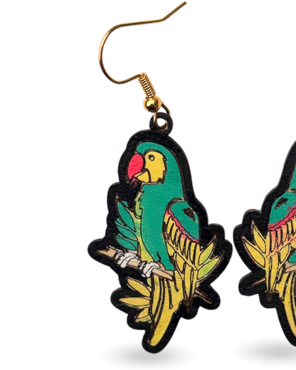 Bright Parrot Hand Painted Wooden Earrings
