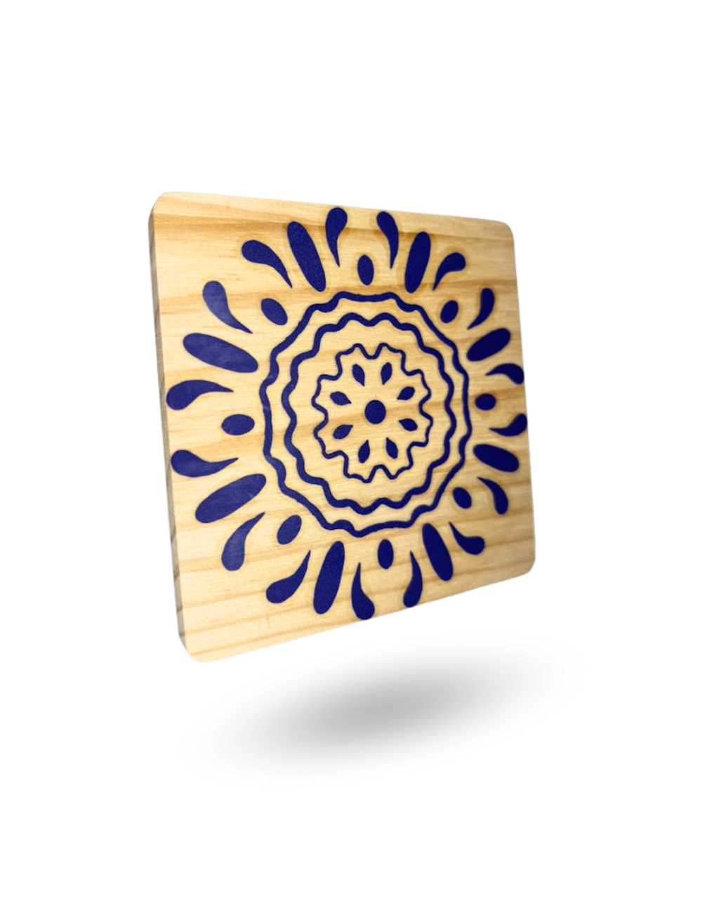 Blue Pottery Wooden Tea Coasters – Elegant & Durable with Non-Slip Base