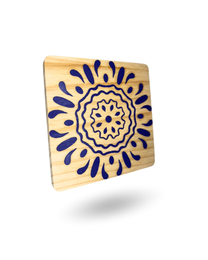 Blue Pottery Wooden Tea Coasters – Elegant & Durable with Non-Slip Base