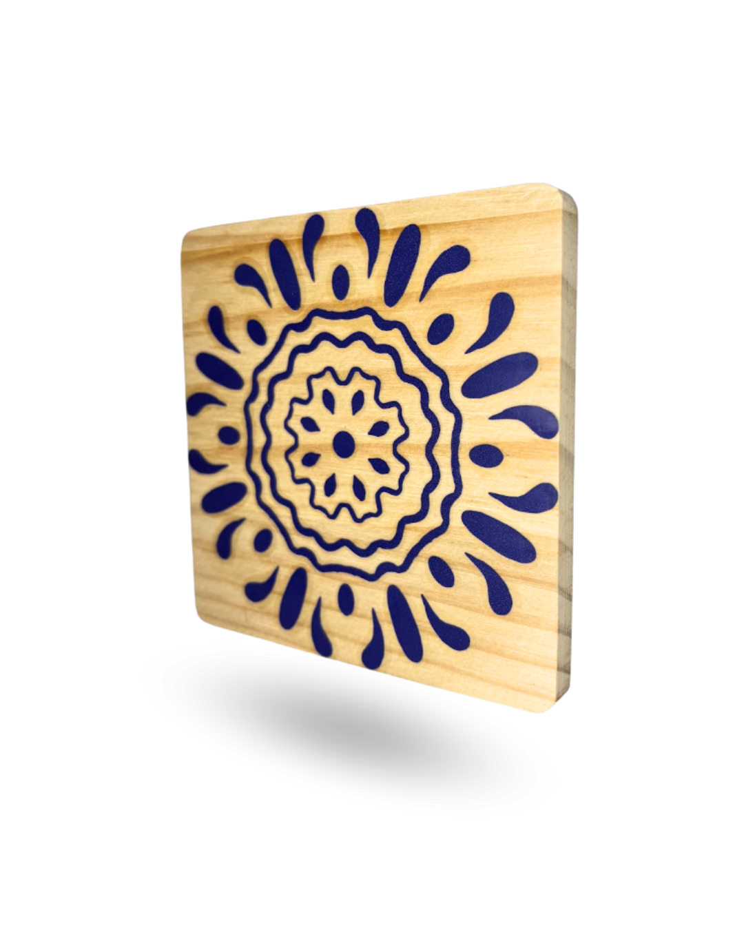Blue Pottery Wooden Tea Coasters – Elegant & Durable with Non-Slip Base