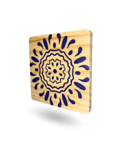 Blue Pottery Wooden Tea Coasters – Elegant & Durable with Non-Slip Base