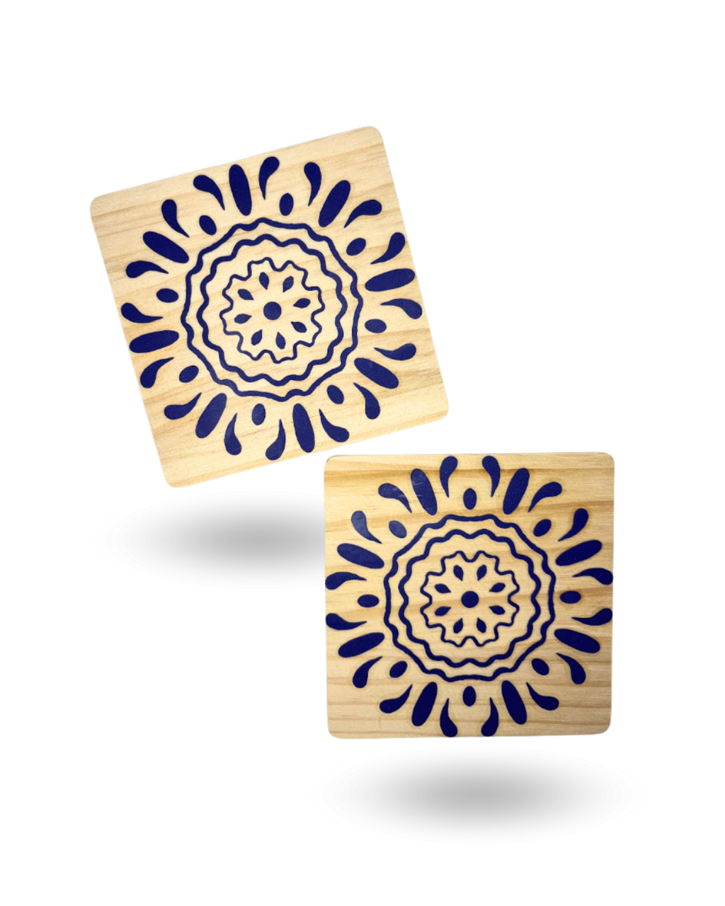 Blue Pottery Wooden Tea Coasters – Elegant & Durable with Non-Slip Base
