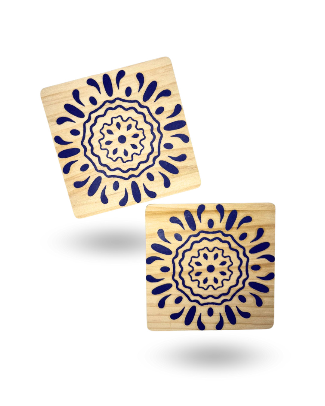 Blue Pottery Wooden Tea Coasters – Elegant & Durable with Non-Slip Base
