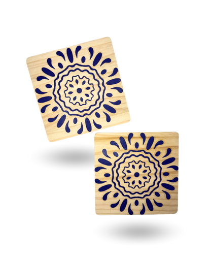 Blue Pottery Wooden Tea Coasters – Elegant & Durable with Non-Slip Base
