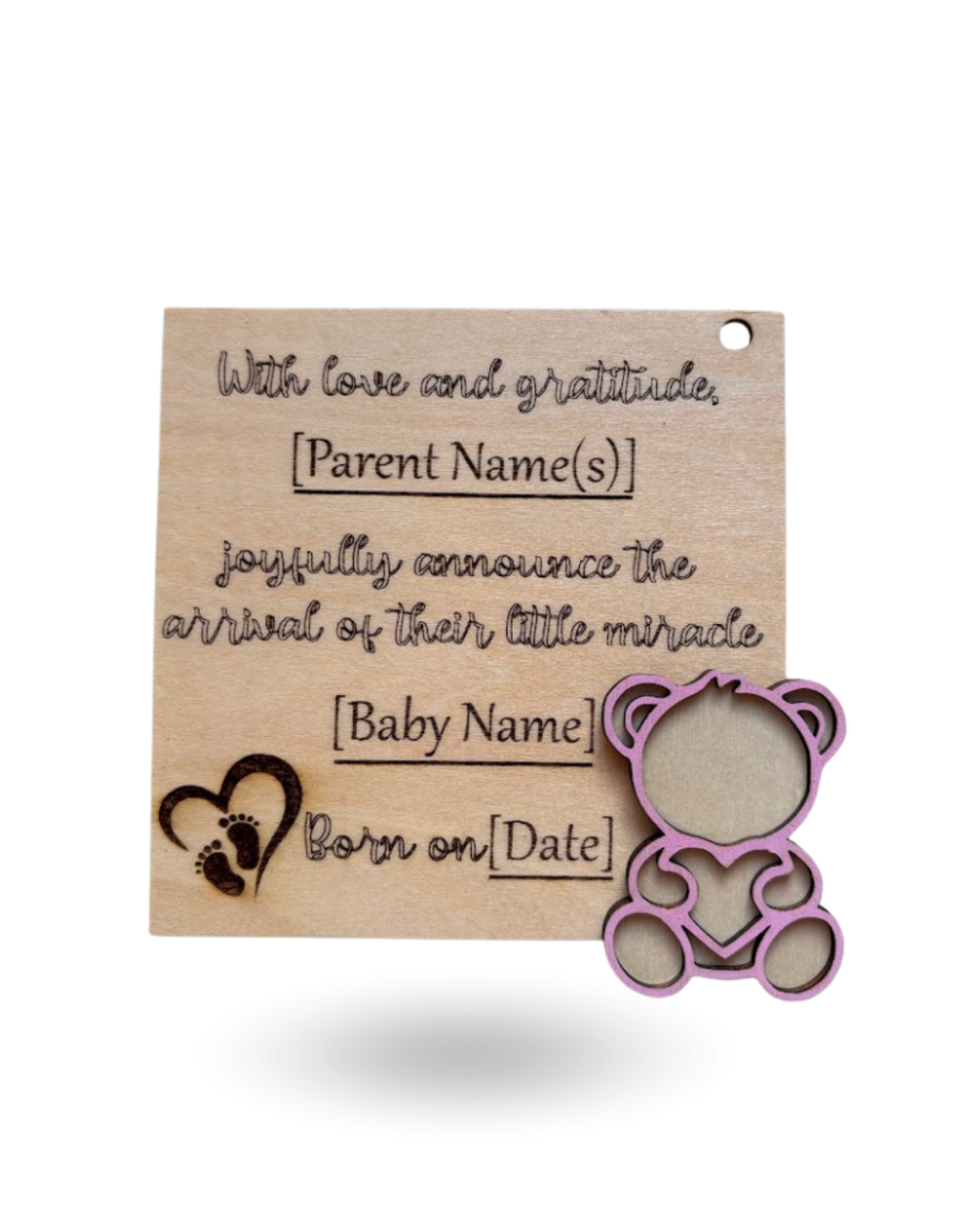 Teddy Bear Baby Announcment Wooden Tag