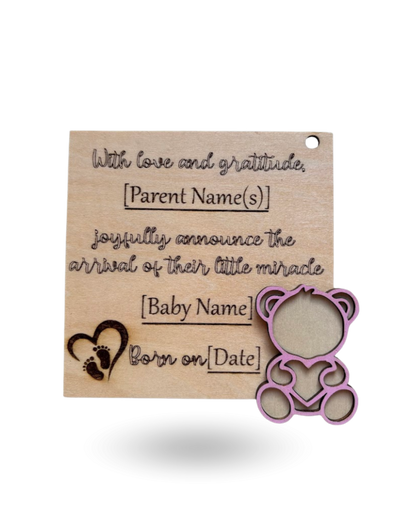 Teddy Bear Baby Announcment Wooden Tag