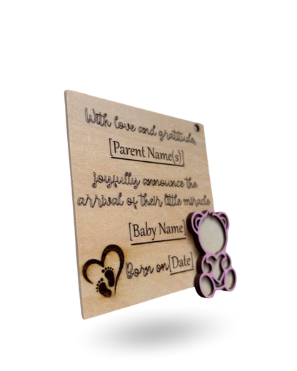 Teddy Bear Baby Announcment Wooden Tag