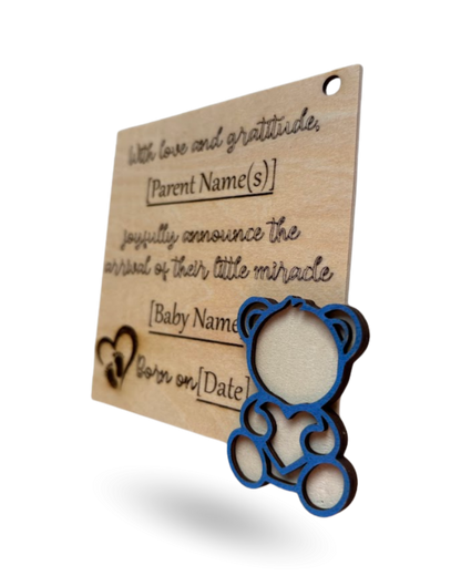 Teddy Bear Baby Announcment Wooden Tag