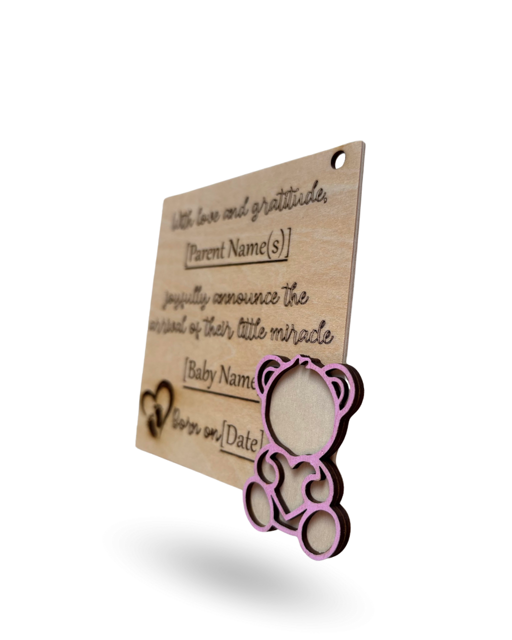 Teddy Bear Baby Announcment Wooden Tag