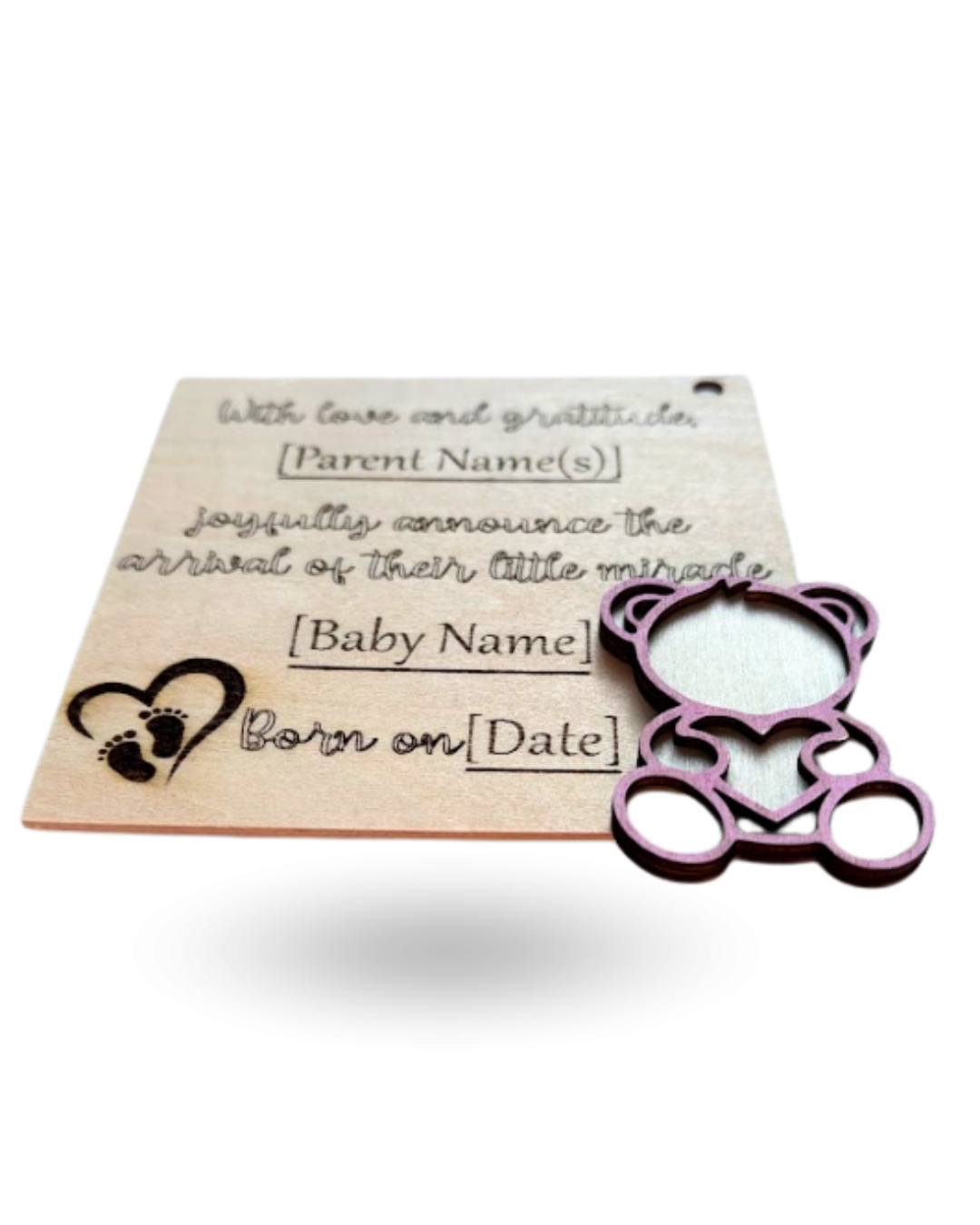 Teddy Bear Baby Announcment Wooden Tag