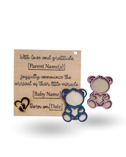 Teddy Bear Baby Announcment Wooden Tag