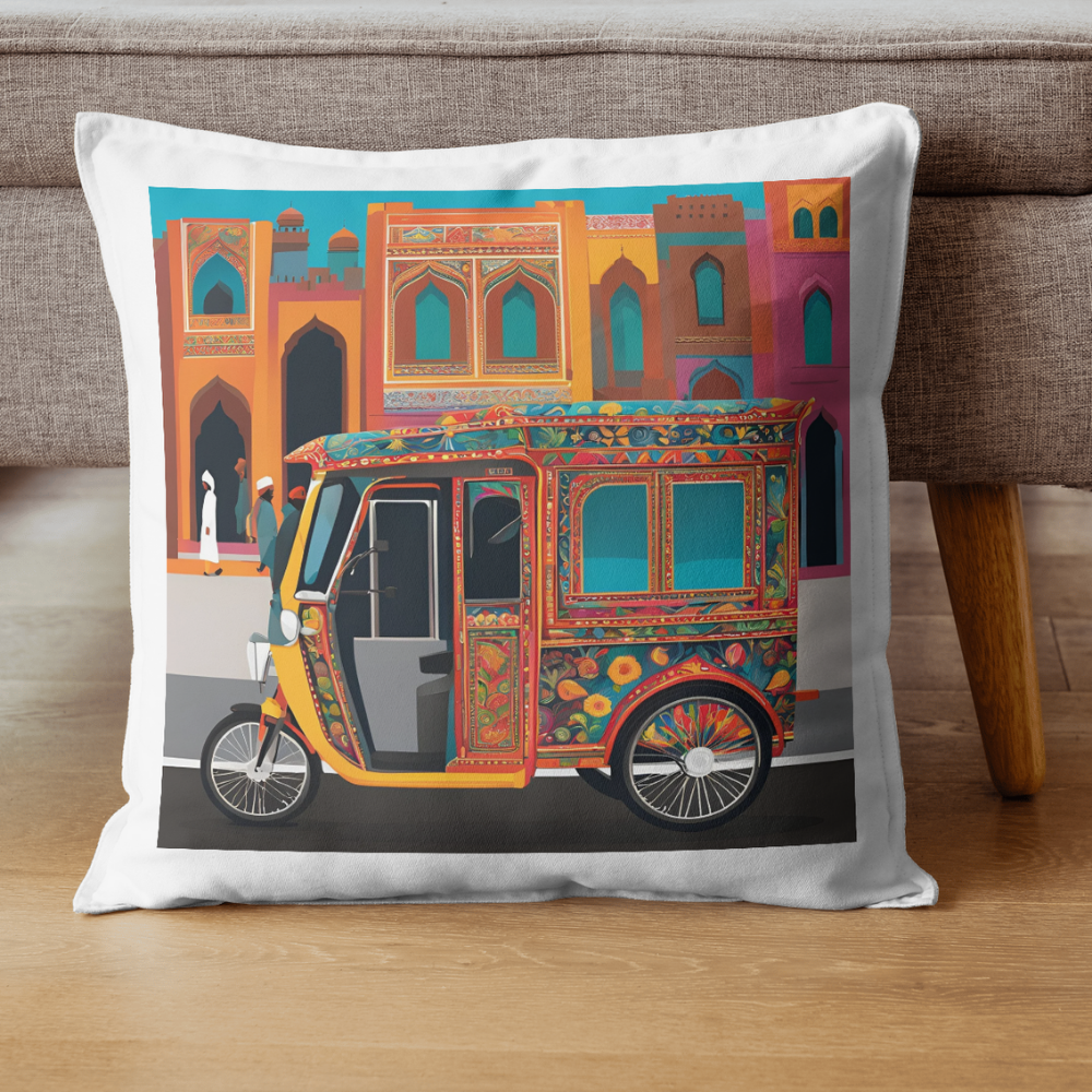 Asian Truck Art Cushion Cover – Colorful Auto Rickshaw Design