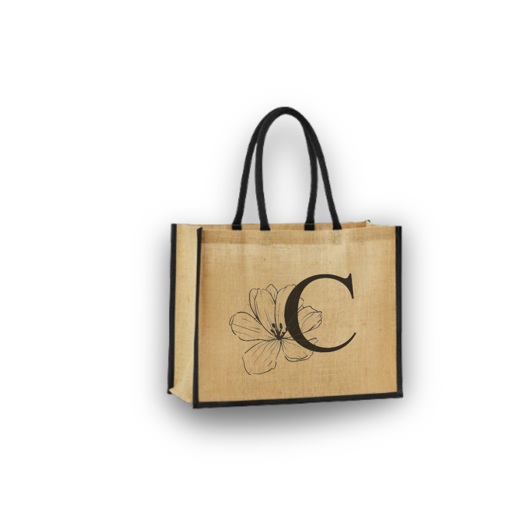 Personalized Jute Tote Bag with Embroidered Initial