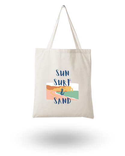 Sun Surf & Sand  - Unique Canvas Tote Bag Printed