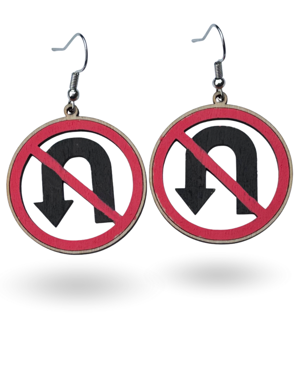 No U-Turn Traffic Sign Wooden Earrings