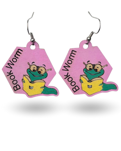 Book Worm Wooden Earrings