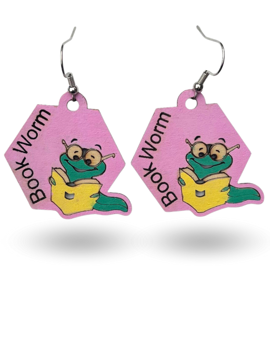 Book Worm Wooden Earrings