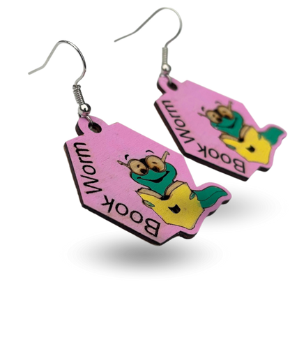 Book Worm Wooden Earrings