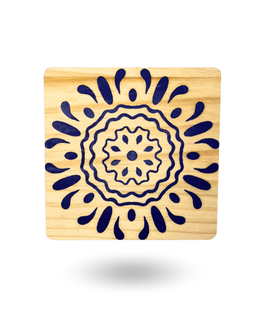 Blue Pottery Wooden Tea Coasters – Elegant & Durable with Non-Slip Base
