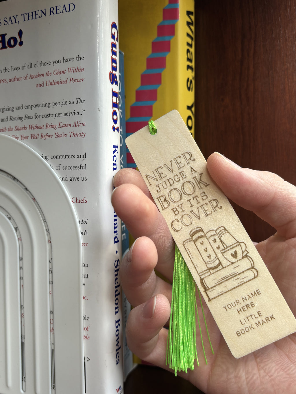 Custom Wooden Bookmark – “Never Judge a Book by Its Cover”