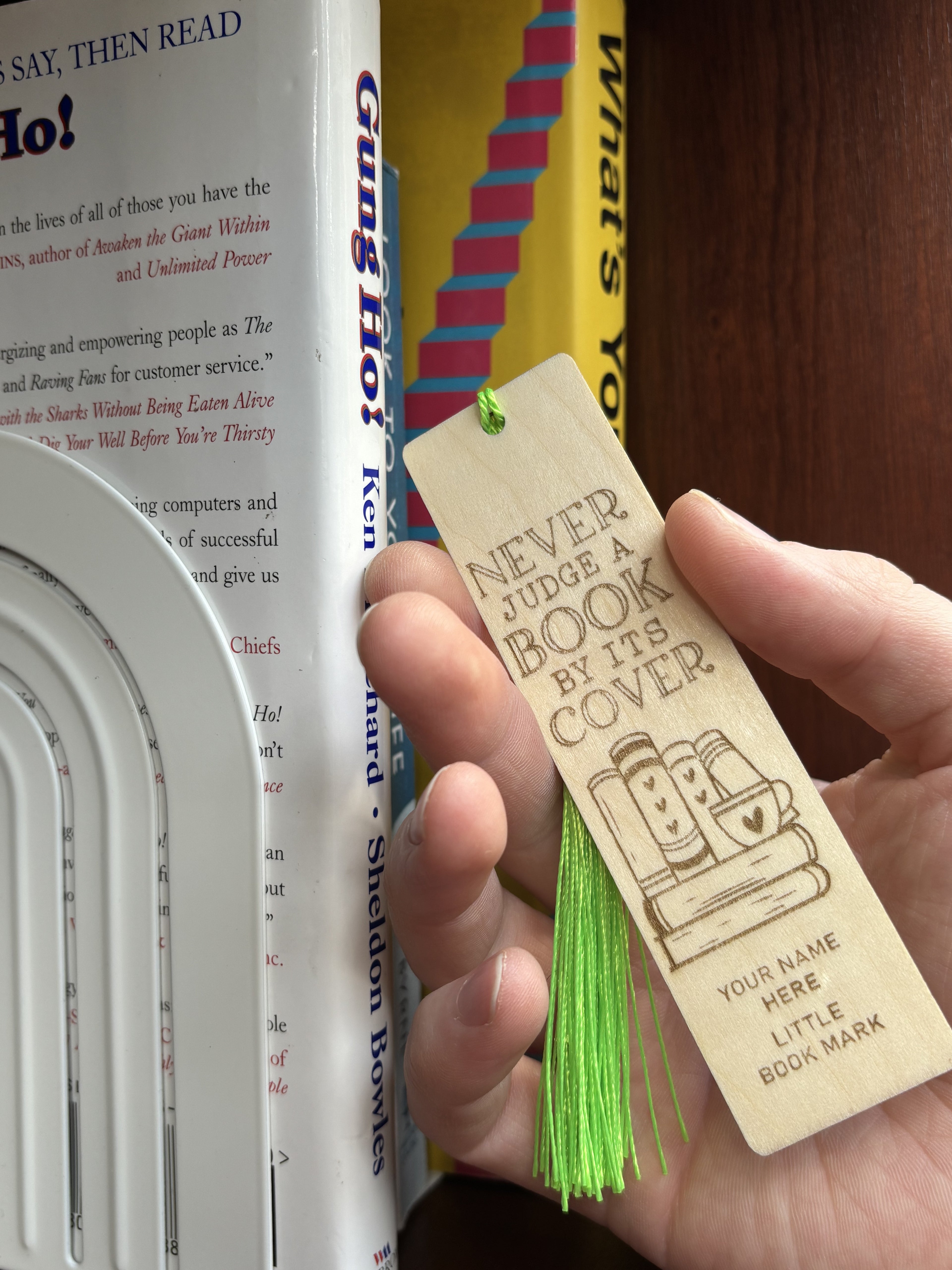 Custom Wooden Bookmark – “Never Judge a Book by Its Cover”