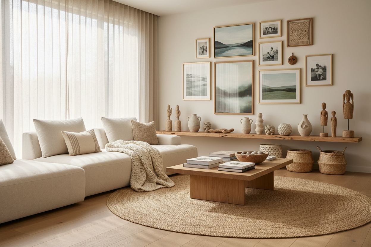 A cosy modern home interior styled with custom home decor and personalised wall art. Soft natural lighting, neutral tones, wooden decor accents, and handmade decorative pieces displayed on a wall and shelf. The scene feels warm, thoughtful, and personal, suitable for a custom home decor collection. Lifestyle photography style, realistic textures, elegant and minimal composition, no text or branding.